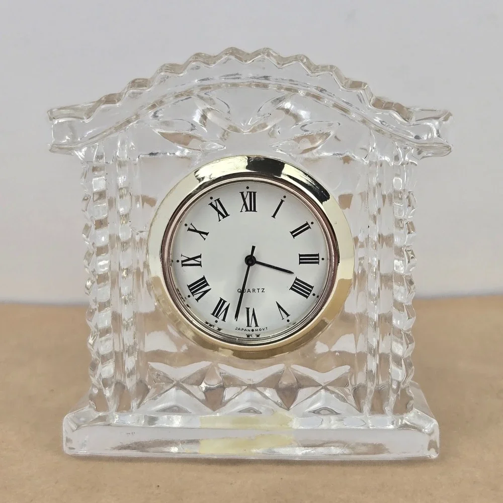 Vintage 24% Lead Crystal Miniature Mantel Clock Quartz Japan Movt Gold Tone Trim